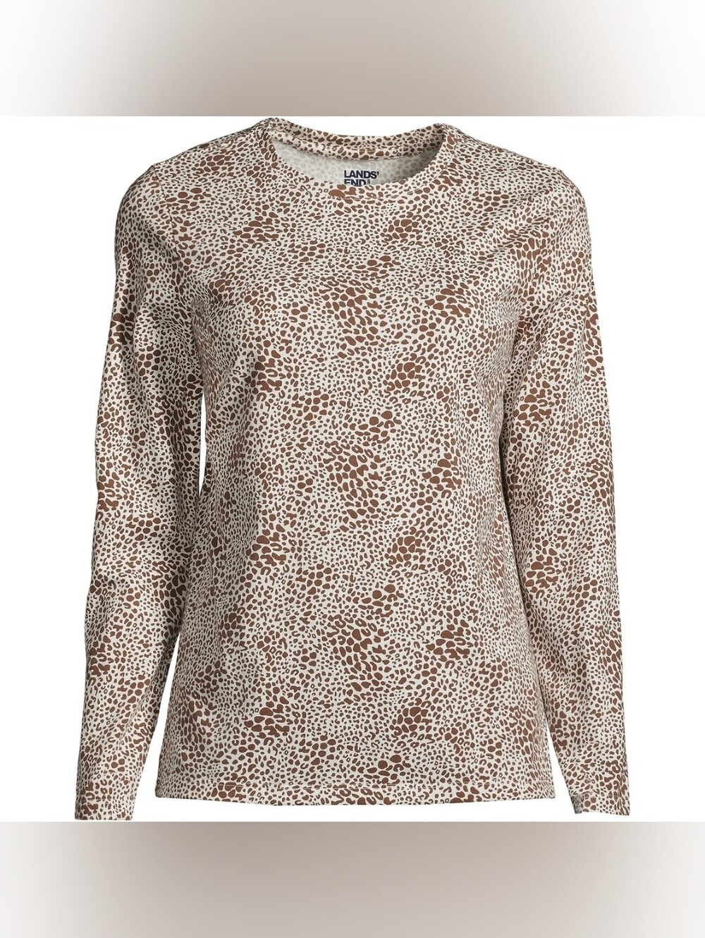 Lands' End Women's Cream Brown Animal-Print Long Sleeve Tee Soft Cotton Sz L